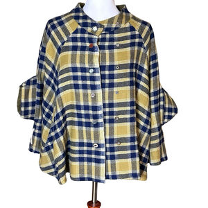 Pero Aneeth Arora 100% Wool Navy Chartreuse Plaid Cape Reversible Sz 38 Luxury